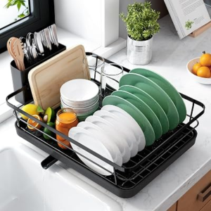 Kitsure Dish Drying Rack for Kitchen Counter, 12”W x 15.5”L, Black | Stainless Steel Sink Organization, Cutlery Holder, Home and Appartment Decor