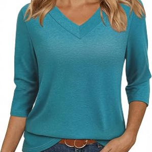 Womens Tops 3/4 Sleeve V Neck Tunic Tops Casual Loose Fit Shirts