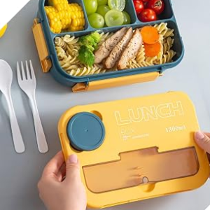 Bento Lunch Box for Kids with 4 Compartments 1300 ml (44 OZ), Utensils and Leak-Proof Lid, Microwave and Dishwasher Safe, Bento Box Adult Blue and Yellow