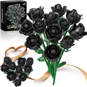 Black Rose Bouquet Building Set, 12Pcs Botanical Collection Gothic Decor | 12 Pack Artificial Black Flowers, Gothic Home Decor, DIY Building Kit, Unique Gift for Women, Vintage Desk Centerpiece