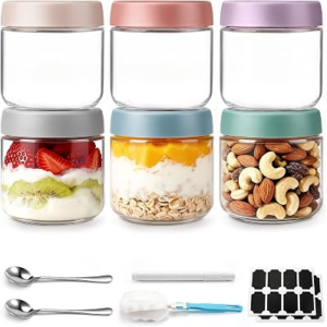 6 pack 10 oz Overnight Oats Containers with Lids and Spoons Glass Jars with Airtight Lids: Wide Mouth Mason Salad Jars, Leakproof and Reusable Glass Food Storage Container for Yogurt Snacks Spice