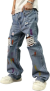 Mens Ripped Jeans Straight Leg Y2K Denim Pants