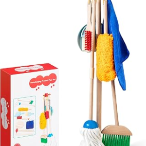 Wooden Kids Cleaning Set for Toddlers,8 Pieces Montessori Cleaning Toys with Kids Broom and Mop Set, Housework Pretend Play Toy Gift for Boys Girls Ages 3+