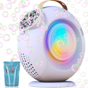 Rechargeable Bubble Machine – 15000+ Bubbles/min – 90°/360° Rotatable LED Blower for Kids Parties (white1)