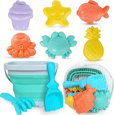 GKDOMS Kids Beach Toys Set with Collapsible Bucket, Sand Molds, Sand Rake and Shovel, Travel Sand Toys Sandplayset for Ages 2-6 (Single Multi)