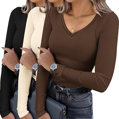 Ekouaer Womens 3 Pack Long Sleeve Ribbed Shirts