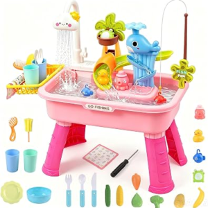 Upgraded Toddler Sand Water Table Toy with Electric Water Pump Water Circulation, Kids Sand Water with Faucet/Play Food Accessories/Fishing Toy, Kitchen Play Sink Toys for Girl Boy Age 3+