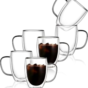 CNGLASS 6 Pack Double Walled Glass Coffee Mugs，12oz Clear Coffee Cups with Handle，Insulated Glass Espresso Mugs for Latte,Cappuccino,Tea