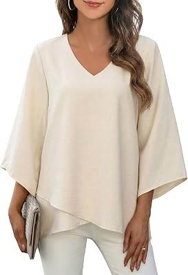 Womens Irregular Hem 3/4 Length Sleeve Tops V Neck