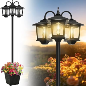 JOYOOWILD 3-Head Solar Lamp Post with Planter