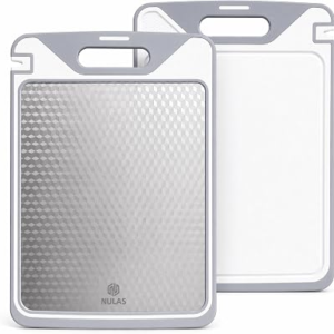 Double Sided Stainless Steel Cutting Board for Kitchen Prep, 304 Steel & PP Sides for Meat, Vegetables and Bread, Dishwasher Safe, Non Slip TPE Edge, Juice Groove, 15.2 x 10.2 in, Gray White