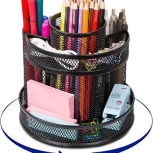 Comix Mesh 360° Rotating Pen Holder, Desk Organizer for Home Office, Black | 5 Compartment Pencil Holder, Sticky Notes Holder, Pen Organizer Office Supplies