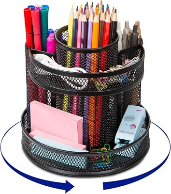 Comix Mesh 360° Rotating Pen Holder, Desk Organizer for Home Office, Black | 5 Compartment Pencil Holder, Sticky Notes Holder, Pen Organizer Office Supplies