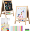 Tabletop Painting Wooden Art Easel for Kids – 4-in-1 Double-Sided Drawing Board for Toddlers 2-4, Chalkboard & Dry Whiteboard with Markers, Eraser, Magnetic Letters/Numbers & Flashcards