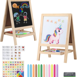 Tabletop Painting Wooden Art Easel for Kids – 4-in-1 Double-Sided Drawing Board for Toddlers 2-4, Chalkboard & Dry Whiteboard with Markers, Eraser, Magnetic Letters/Numbers & Flashcards