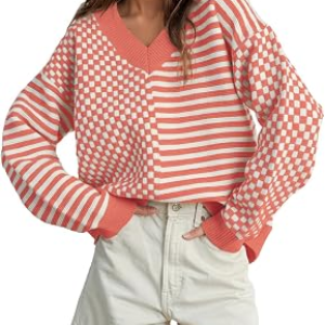 UNCLECAT Womens Striped Checkered Sweater