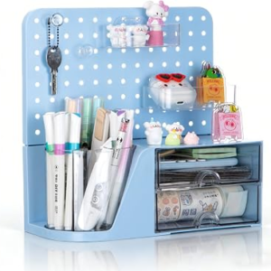 Comix Desk Organizer with 2 Drawer, Blue 360° Rotating Pen Holder for Desk