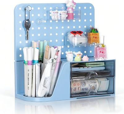 Comix Desk Organizer with 2 Drawer, Blue 360° Rotating Pen Holder for Desk