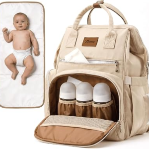 Large Diaper Bag for Mom | 27 Liters with Changing pad – Insulated Lightweight Travel Backpack for Organizing Baby Boy & Girl Essentials – Brown