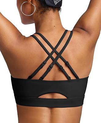 BRXL Sports Bra with Sewn in Pads Light Impact Criss Cross Adjustable Spaghetti Strap Padded Cut Out Cross Back Yoga Workout