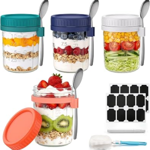 Airtight Oatmeal Container 4 Pack 16 oz Overnight Oats Containers with Lids | Overnight Oats Jars for Cereal Fruit Vegetable Milk Salad Yogurt Meal Prep with Measurement Marks, 4 Spoons