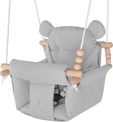 Baby Swing Indoor Outdoor,Secure Canvas Wooden Toddler Swing Seat, 3-Point Adjustable Safety Harness,Mounting Hardware Included,Gift for Boys and Girls, Grey
