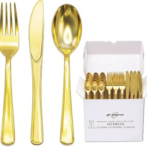 GLOWSERVE 153 Pack Gold Disposable Plastic Silverware Set