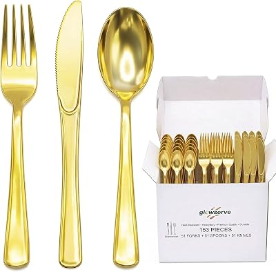 GLOWSERVE 153 Pack Gold Disposable Plastic Silverware Set