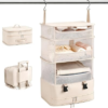 Hanging Closet Organizer, Foldable Beige Mesh Shelves with Zipper Bag