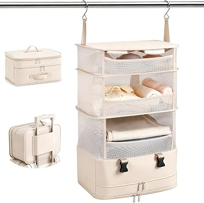 Hanging Closet Organizer, Foldable Beige Mesh Shelves with Zipper Bag