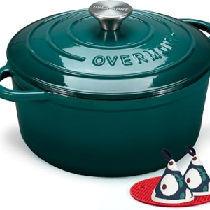 Overmont Enameled Cast Iron Dutch Oven – 7QT Pot with Lid Cookbook & Cotton Potholders – Heavy-Duty Cookware for Braising, Stews, Roasting, Sourdough Baking bottle green