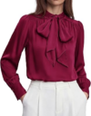 BTFBM Women Satin Blouses Bow Tie Work Business Casual Tops,Red,M
