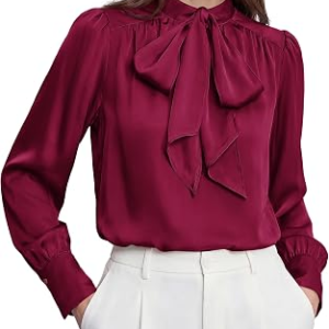 BTFBM Women Satin Blouses Bow Tie Work Business Casual Tops,Red,M