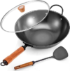 12.6 Inch Carbon Steel Wok with Lid, Flat Bottom Induction Wok Pan, Non-Coated Stir Fry Wok Skillet with Helper Handle, Gas Electric Ceramic Halogen Compatible, Includes Iron Wok Spatula