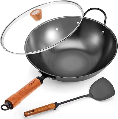 12.6 Inch Carbon Steel Wok with Lid, Flat Bottom Induction Wok Pan, Non-Coated Stir Fry Wok Skillet with Helper Handle, Gas Electric Ceramic Halogen Compatible, Includes Iron Wok Spatula