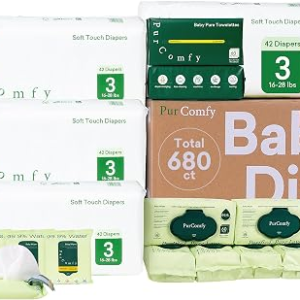 PurComfy Baby Diapers and Wipes Kit, Size 3, Baby Wipes, Baby Dry Wipes | Includes Size 3 (168Ct), 6 Pack (360Ct) Baby Wipes, 2 Pack (120Ct) Dry Wipes, 4 Pack Tavel Wipe, Total 680 Ct, Plant Based