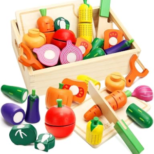 Wooden Play Food Set for Toddlers Toys Pretend Play Kitchen Accessories Veggies Cutting Set for Kids Gift for Boys Girls Montessori Educational Toys