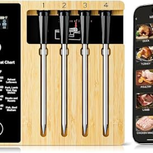 Smart Wireless Meat Thermometer 4 Probes, Bluetooth Food Thermometer, Remote Tracking and Real-Time Readings from Apps, for iOS and Android, for BBQ, Grill, Smoker