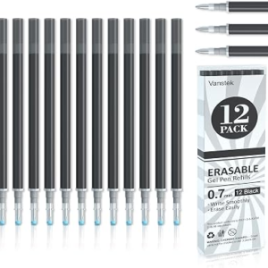 Vanstek 12 Black Erasable Gel Pen Refills, Gel Ink Refills Compatible with Erasable Pens, Fine Point 0.7 mm, Perfect for Writing Planner & Crossword Puzzles