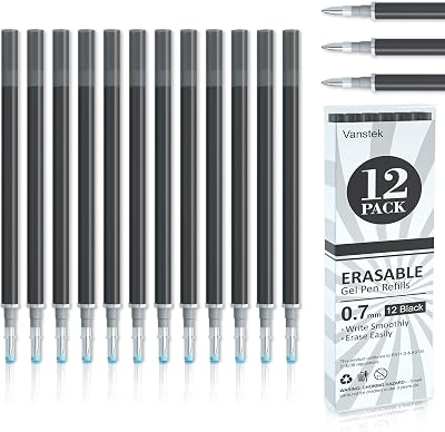 Vanstek 12 Black Erasable Gel Pen Refills, Gel Ink Refills Compatible with Erasable Pens, Fine Point 0.7 mm, Perfect for Writing Planner & Crossword Puzzles