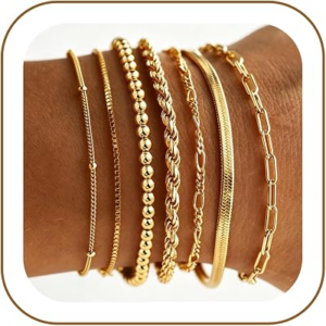 M MOOHAM 7PCS 14K Gold Plated Beaded Bracelet Stack