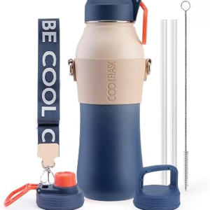 Coolflask 32 oz Water Bottle Insulated Slim Series Stainless Steel | Water Flask Triple-Wall Vacuum Copper with 3 Lids & Strap, Cold 48+h/Hot 24+h, Leakproof,BPA-Free, for Outdoor Gym & Hiking