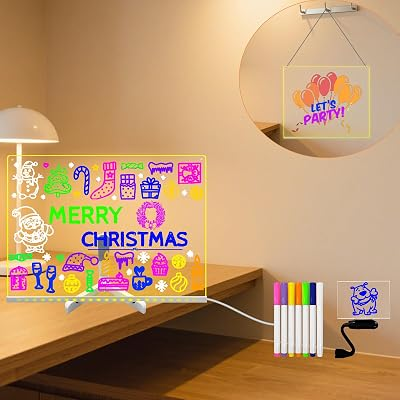 LED Note Board with Stand Wall Mount,15 x 12 Light up Acrylic Dry Erase Board with Chain,7 Markers Glow Doodle Drawing Message USB Switch Control Reusable Whiteboard to do List Menu