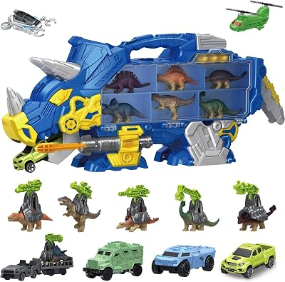 Dinosaur Toys for Kids 3+, Triceratops Carrier Truck Set | Large Storage Case, Flip-Open Dino Head, Car Launcher, STEM Learning, Imaginative Play, Birthday Gift for Dino Lovers