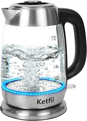 Electric Glass Kettle 1.8L, 1200W Fast Boil for Tea & Coffee, Auto Shut-Off & Boil-Dry Protection, BPA-Free, 304 Stainless Steel & Borosilicate Glass, Removable Lid for Easy Cleaning