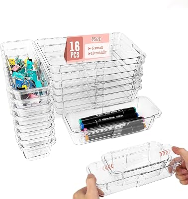 16 PCS Expandable Drawer Organizers, 2-Size Clear Acrylic Storage Box