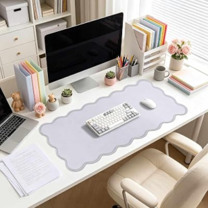 Grey Scalloped Desk Mat 31″ x 15.7″, Back to School Gift Large Keyboard Mouse Pad for Office Gaming Dorm Decor