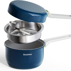 Ceramic Non Stick Sauce Pan, 2.5QT Saucepan with Frying Pan as Lid, Steamer Pot for Cooking, Induction Cookware Set, PTFE, PFOA & PFAS Free, Drak Blue