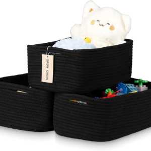 Ordn2Ordn Small Storage Baskets for Organizing, Woven Storage Bins for Shelves, Gift Basket Empty, Cute Decorative Closet Organizer, Baby Rope Basket, Dog Toy Storage, 12.6×8.2×5”, 3Packs Black