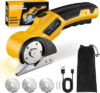 Zeleki Cordless Electric Scissors: 4V Rechargeable Cardboard Cutter, 3 Blades, Safety Lock & LED Light, Box Cutter for Carton Carpet Plastic Fabric Leather(Yellow）